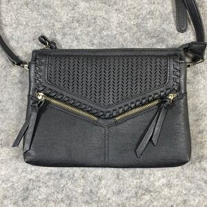 Madison West Leather Crossbody Envelope Purse Black Leather Zipper Braided Front